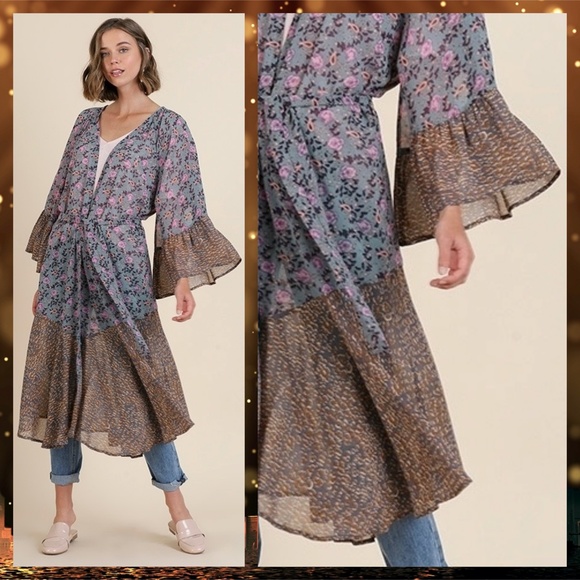 NWOT Umgee Mixed Print Bell Sleeves & Tie Front Kimono - Picture 3 of 5